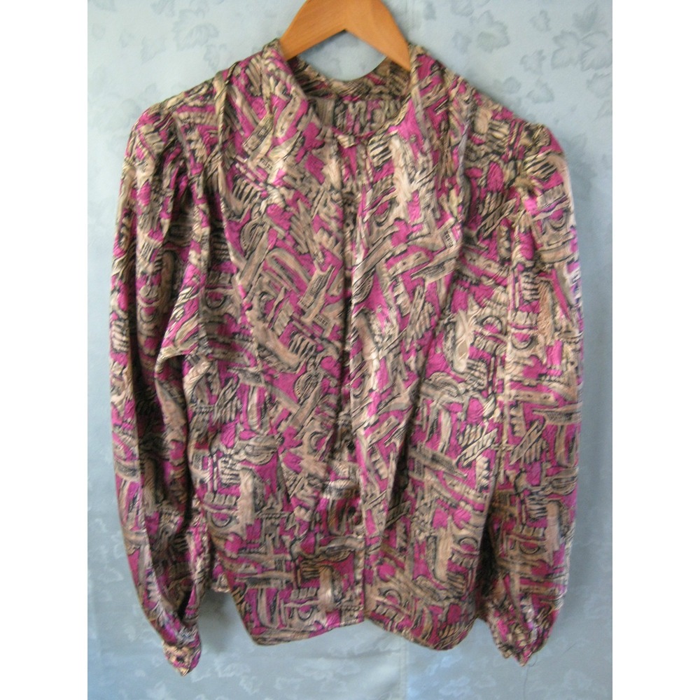 VTG Eva Laurel New York Blouse Size 16 Abstract Print Tie Neck Shiny Jacquard